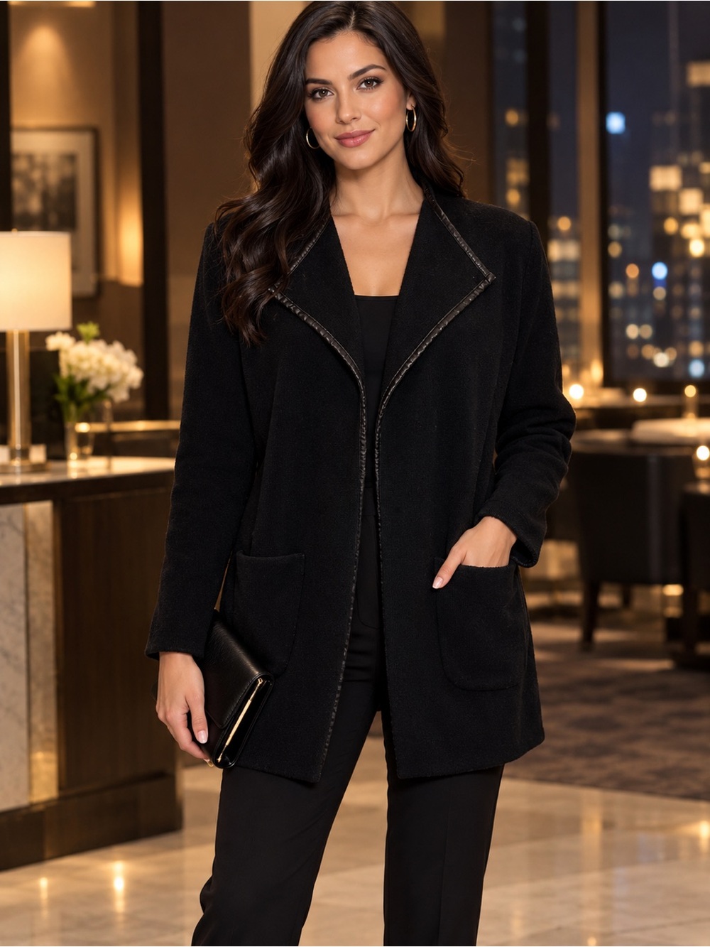 SUNG Alfred Sung Black Open-Front Cardigan Jacket with Faux Leather Trim - Size
